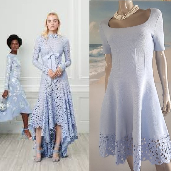 $2,590 NEW OSCAR DE LA RENTA DRESS LIGHT BLUE KNIT LACE HEM MIDI DRESS M - Picture 1 of 9